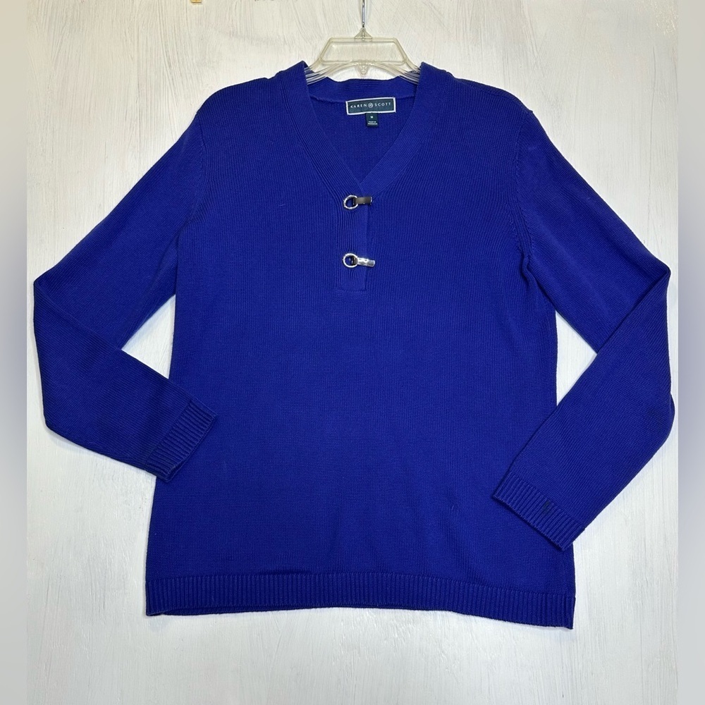 Karen Scott Blue Cotton Toggle V-Neck Sweater Women’s Medium Long Sleeve Knit